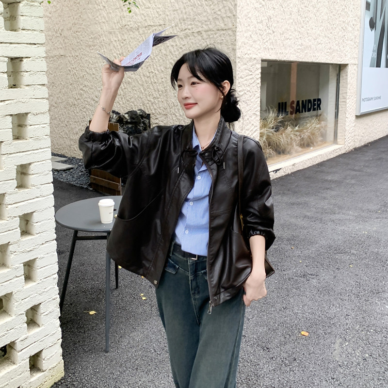 高级感立领咖色短款皮衣外套女春秋2025新款小个子PU夹克百搭超火,女装皮衣,2C092