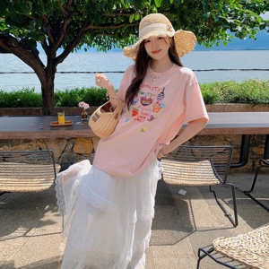 休闲减龄短袖T恤套装裙女2025夏季新款时尚蕾丝花边半身裙两件套图片