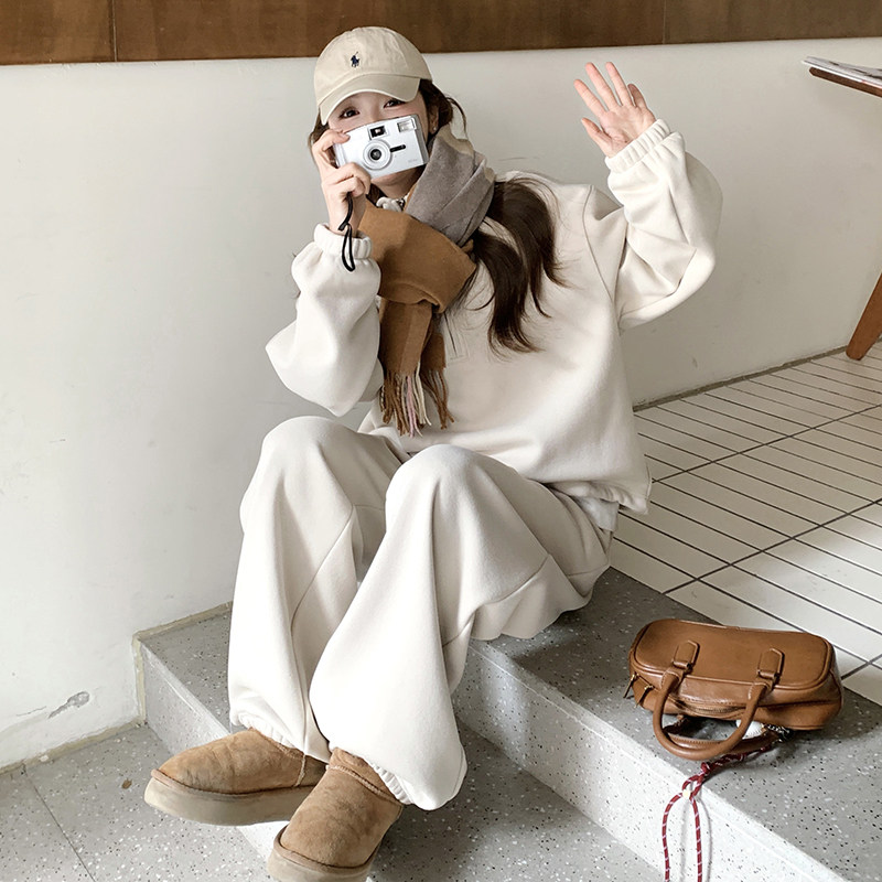 米白色立领卫衣套装女2025春季新款韩系高级感运动休闲卫裤两件套,女装套装/套裙,2C203