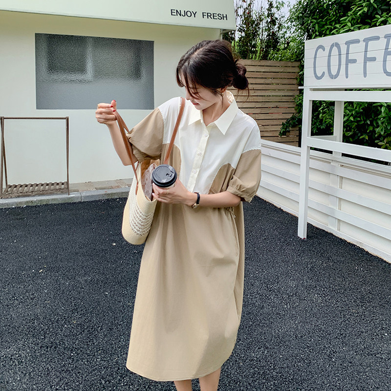 卡其色拼接连衣裙女夏新款韩版小众撞色休闲气质高级感显瘦衬衫裙,女装连衣裙,2C159