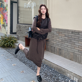韩系休闲条纹连衣裙套装女2025秋季新款PU皮衣马甲洋气减龄两件套，女装套装/套裙，2D044