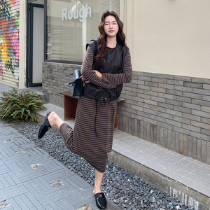 韩系休闲条纹连衣裙套装女2025秋季新款PU皮衣马甲洋气减龄两件套图片