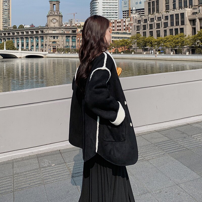 两面穿羊羔毛绒外套女冬季2024新款小个子百搭宽松加厚中长款棉衣,女装毛呢外套,2C196