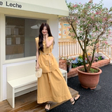 休闲无袖黄色背心半身裙套装女夏2025新款独特漂亮大方得体两件套，女装套装/套裙，2D146