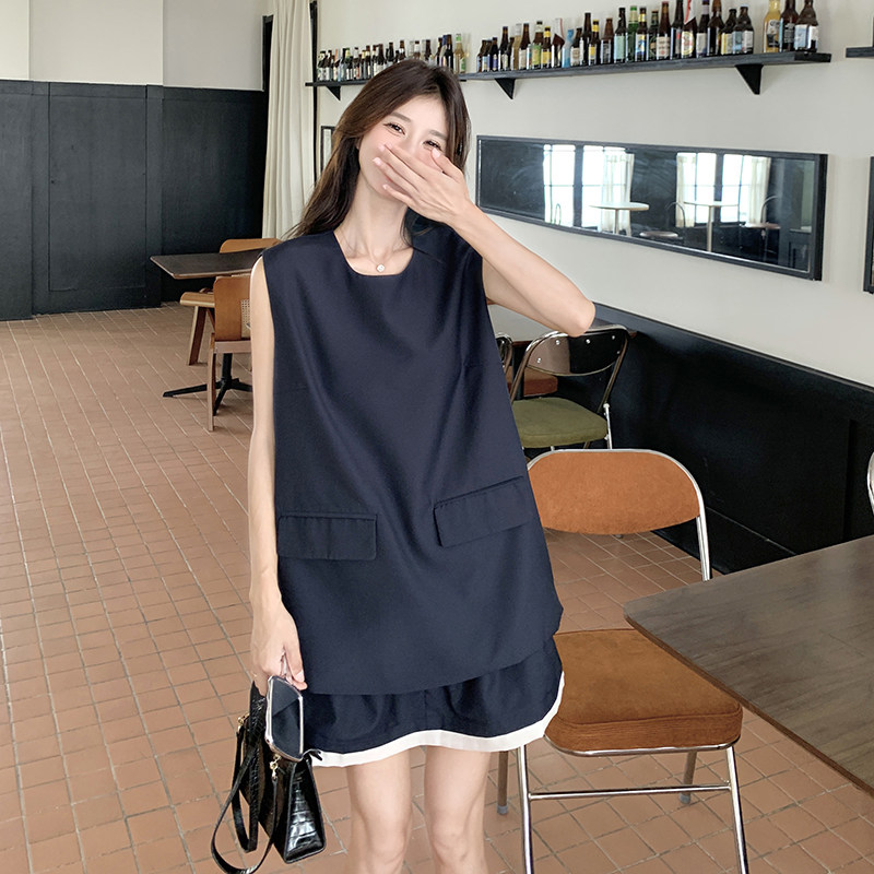 藏青色韩系休闲气质两件套女2025夏新款时尚无袖上衣显瘦短裙套装,女装套装/套裙,2C166