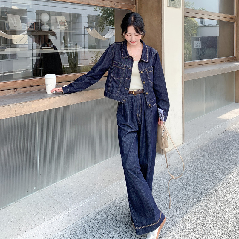ins港风牛仔套装女春2025新款韩版高腰时尚工装上衣阔腿裤两件套,女装套装/套裙,2C177