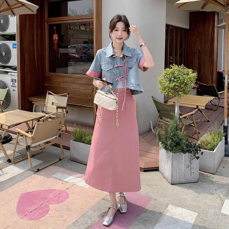【现货】2025夏装新款新中式盘扣短袖牛仔+半裙风套裙,女装套装/套裙,先锋丽姿