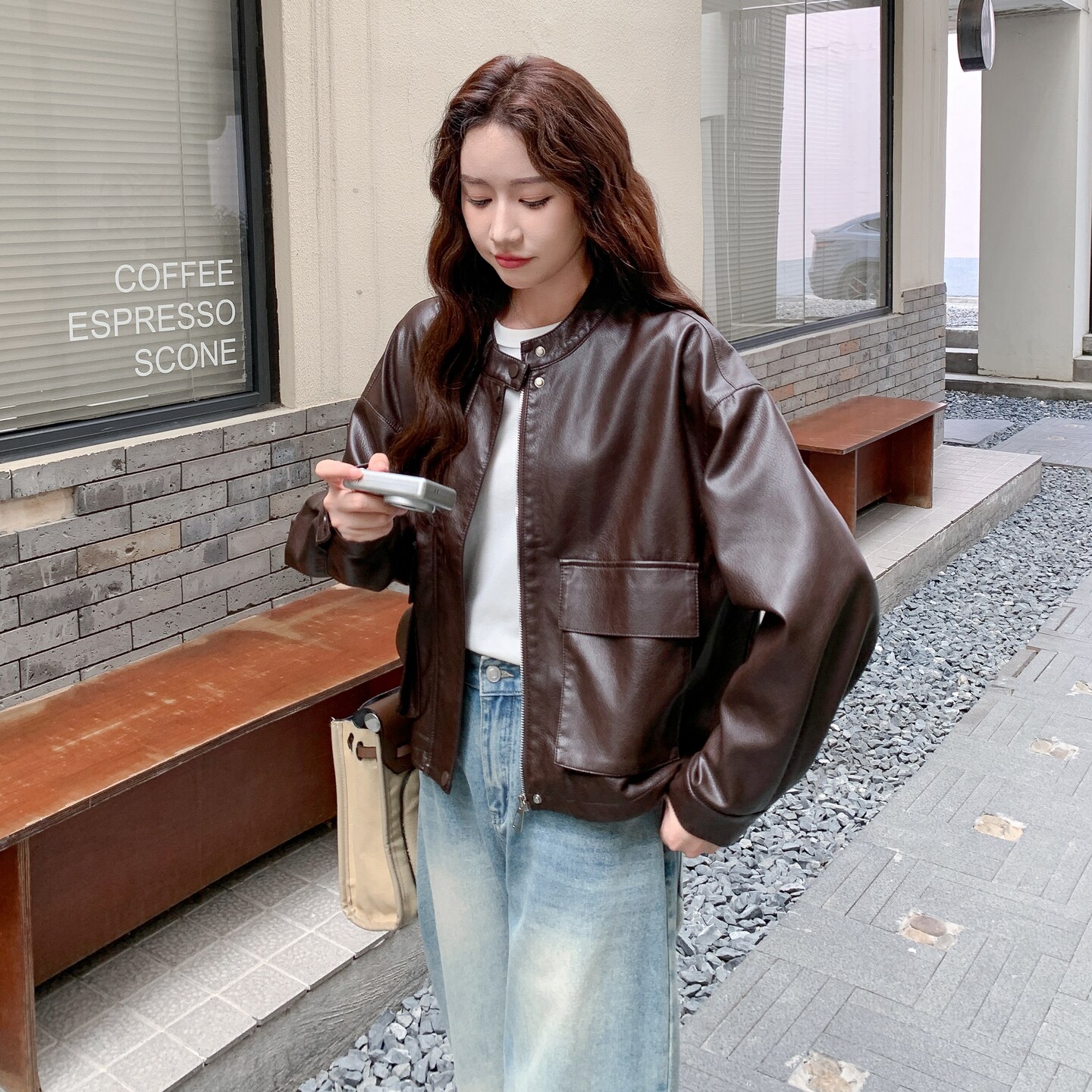 美拉德咖色复古皮衣外套女秋季2025年新款炸街减龄小个子PU皮夹克,女装皮衣,2C177
