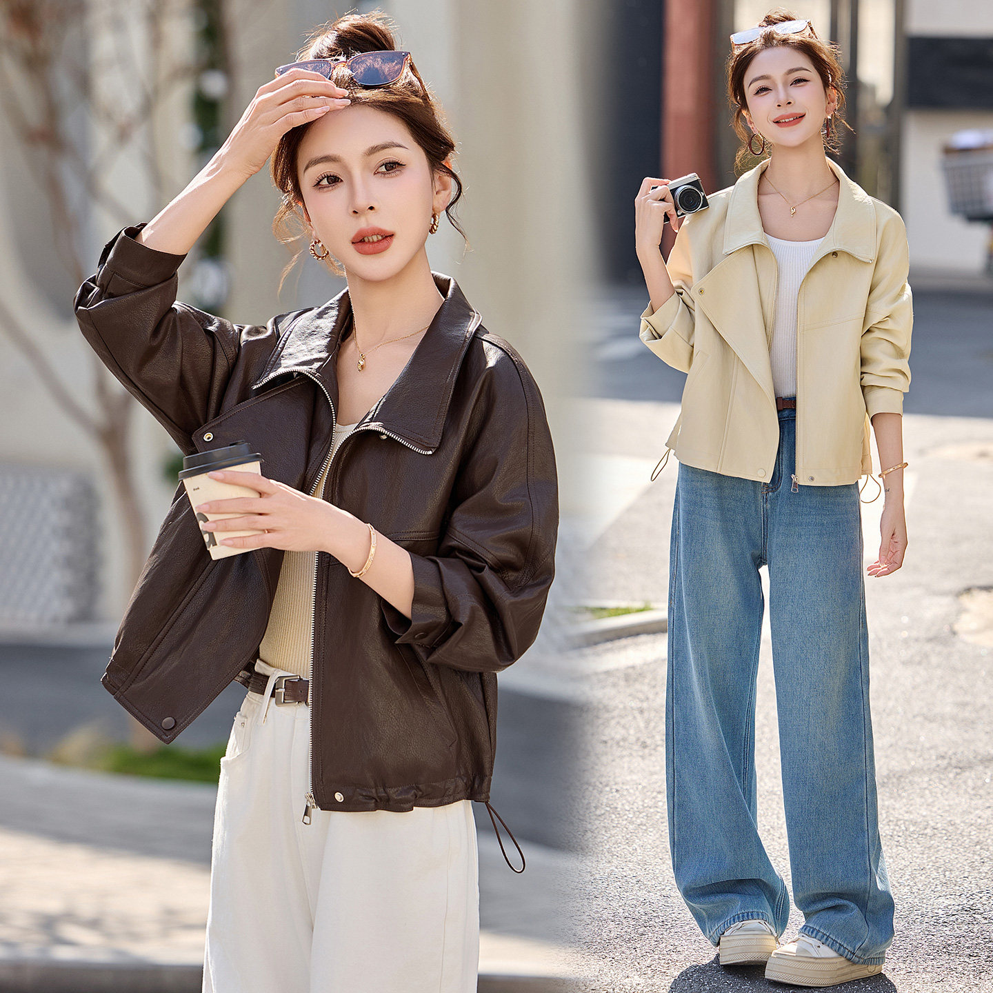 【2026春季新款现货】美拉德皮衣外套短款机车风女夹克上衣翻立领,女装短外套,英标秀（1C119）