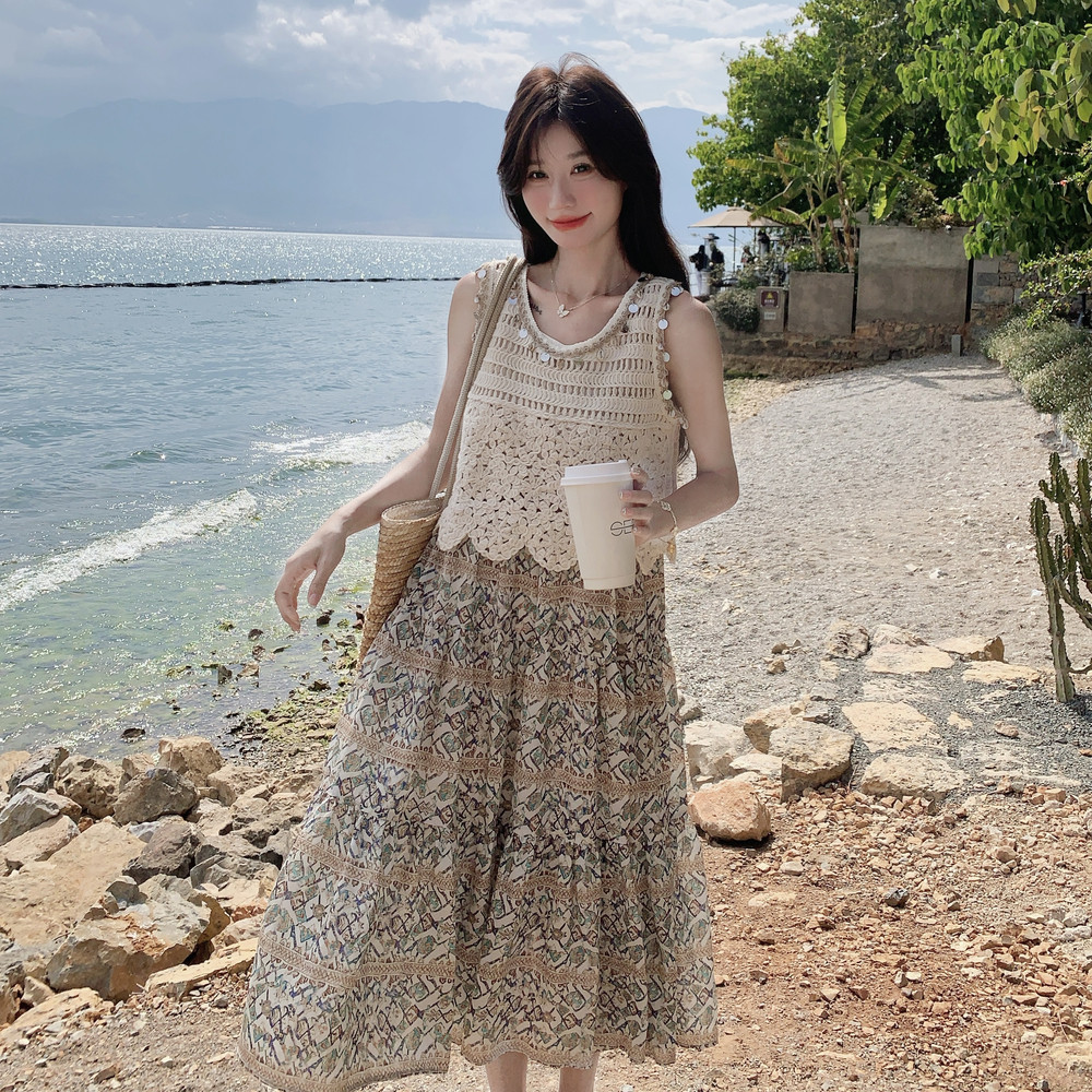 超好数据夏季镂空上衣+碎花吊带连衣裙2C259-6610-P135-K198,女装套装/套裙,2C259