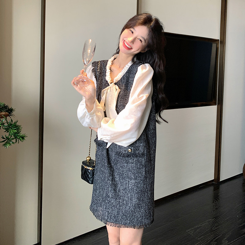 灰色背心连衣裙女长袖中长裙2025春季新款气质超好看减龄蕾丝,女装连衣裙,2C166