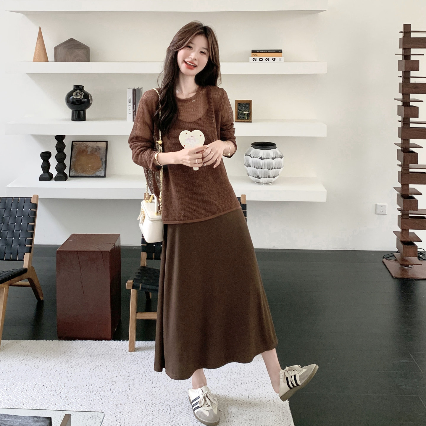时尚休闲套装女初秋季设计感镂空薄款针织衫内搭吊带裙长袖两件套,女装连衣裙,2C166