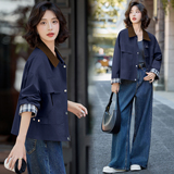 时尚拼色翻领短外套女2025秋季新款格纹拼接宽松休闲百搭夹克上衣，女装短外套，唯婧
