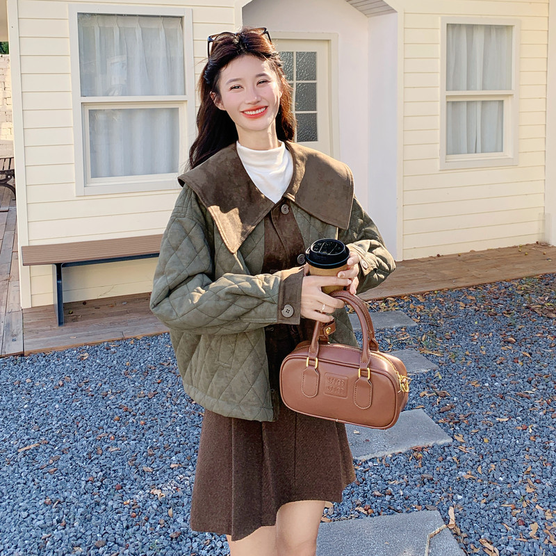 撞色拼接娃娃领麂皮绒夹棉外套女秋冬2025新款设计感减龄棉服,女装棉衣/棉服,2C159