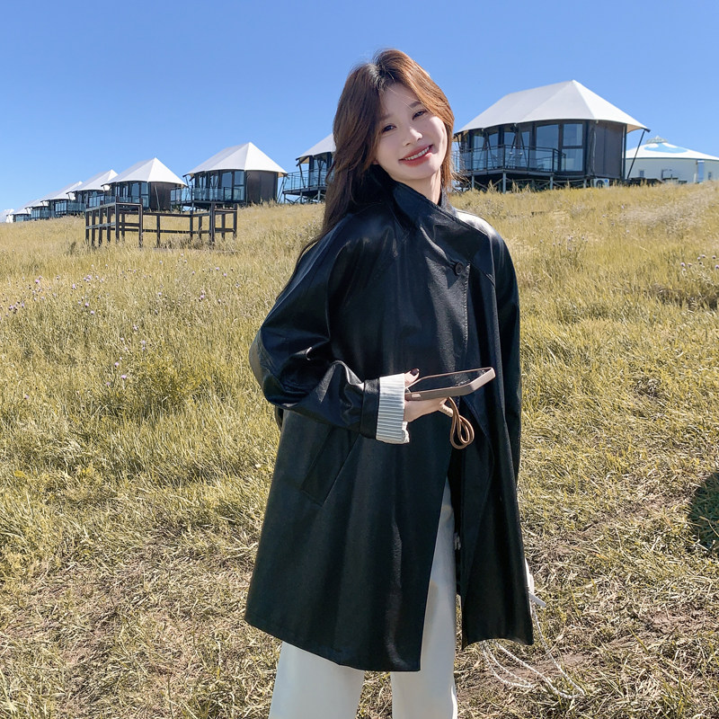 减龄系带条纹拼接西装黑色皮衣外套女春秋2025新款PU夹克大方得体图片