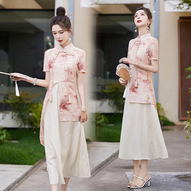 新中式国风假两件拼接旗袍女2024夏季新款日常可穿气质碎花连衣裙,女装连衣裙,吾爱衣