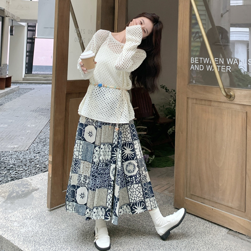 时髦感镂空罩衫吊带内搭复古印花半裙套装女2025秋松弛时尚三件套,女装套装/套裙,2C159