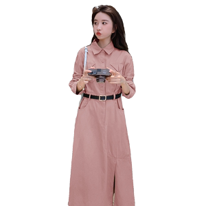 高级感超好看绿色衬衫连衣裙女春装2025秋冬新款系带收腰开叉长裙图片