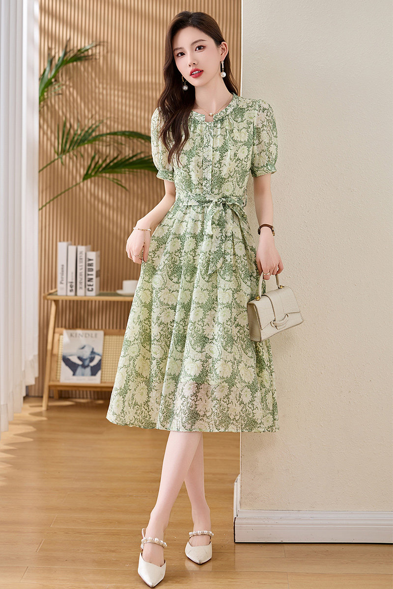 【现货】洋气碎花连衣裙女时尚流行系带收腰1C115-6223-P115-K258,女装连衣裙,吾爱衣