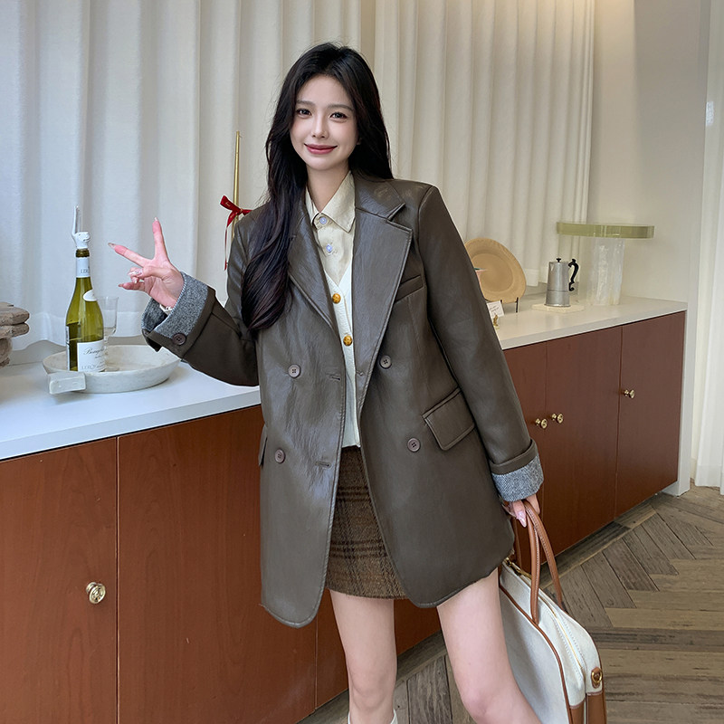 【】25冬季中长款PU皮绒西装式外套2C215-P255-K345,女装皮衣,2C215