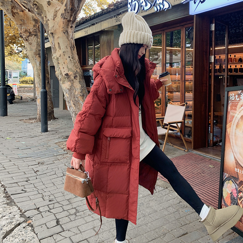 新款红色连帽羽绒服女冬2025新款韩系高级感中长款厚外套图片