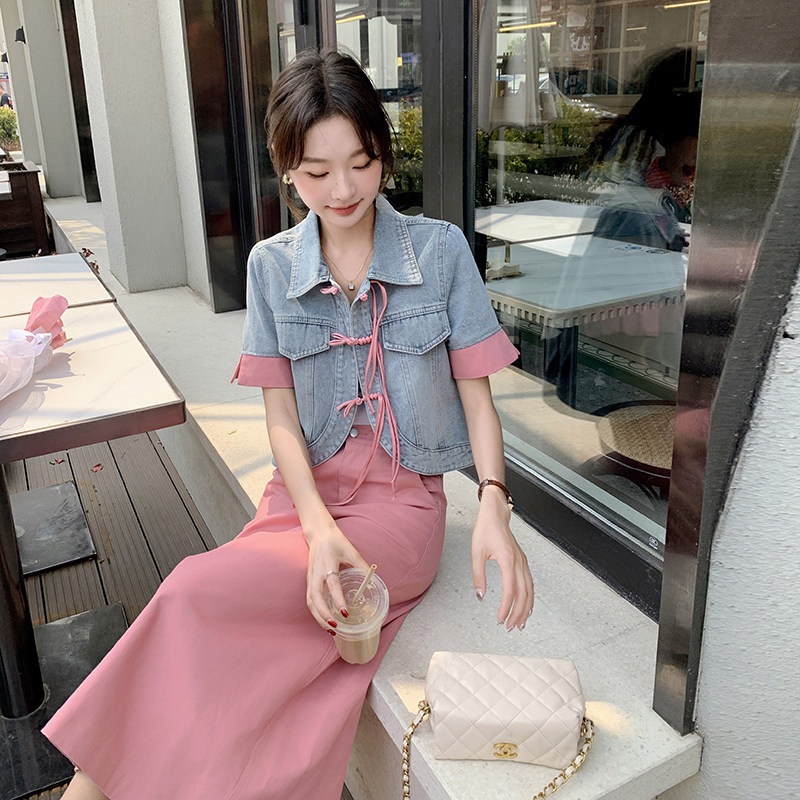 【现货】2025夏装新款新中式盘扣短袖牛仔+半裙风套裙,女装套装/套裙,先锋丽姿