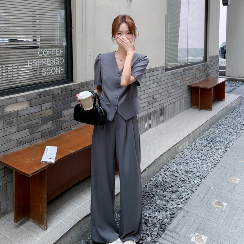 灰色老钱风气质短袖上衣套装女夏季新款高级感垂感阔腿裤两件套图片