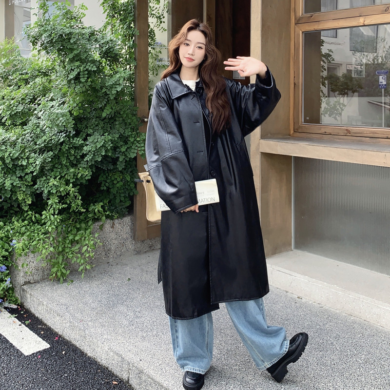 现货2026春格子拼接长款皮风衣外套2B233-9752-P175控238,女装皮衣,2B233