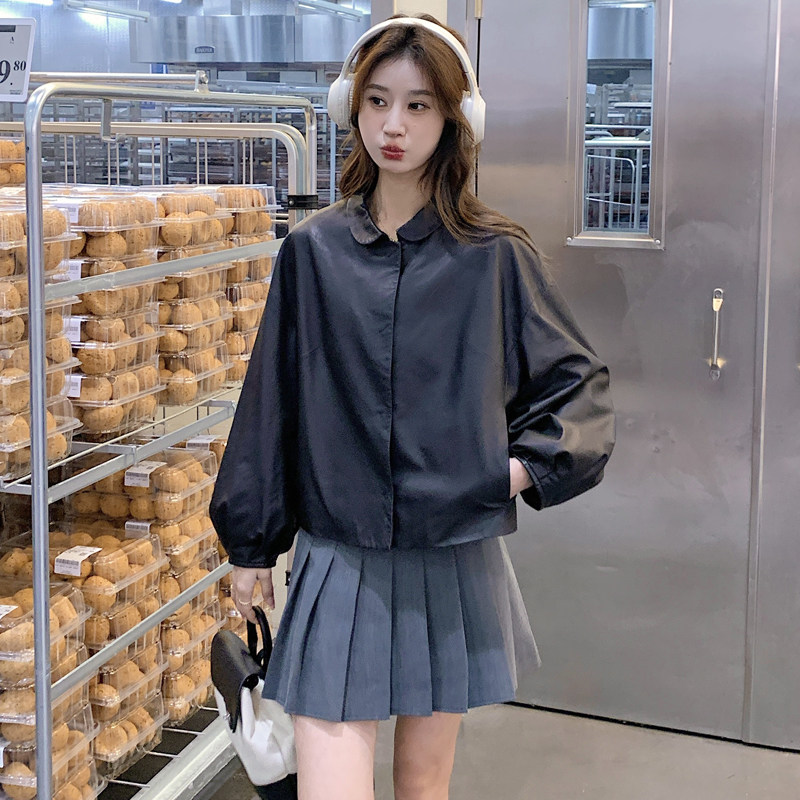 8801圆领单排扣黑色皮衣小外套女修身显瘦韩版pu短外套潮短款,女装皮衣,2D143