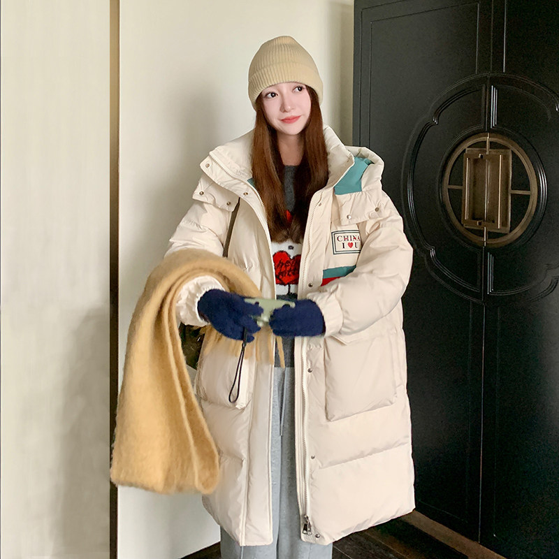 新款冬季90白鸭绒中长款韩版拼色连帽米白羽绒服P310K469,女装羽绒服,2C311