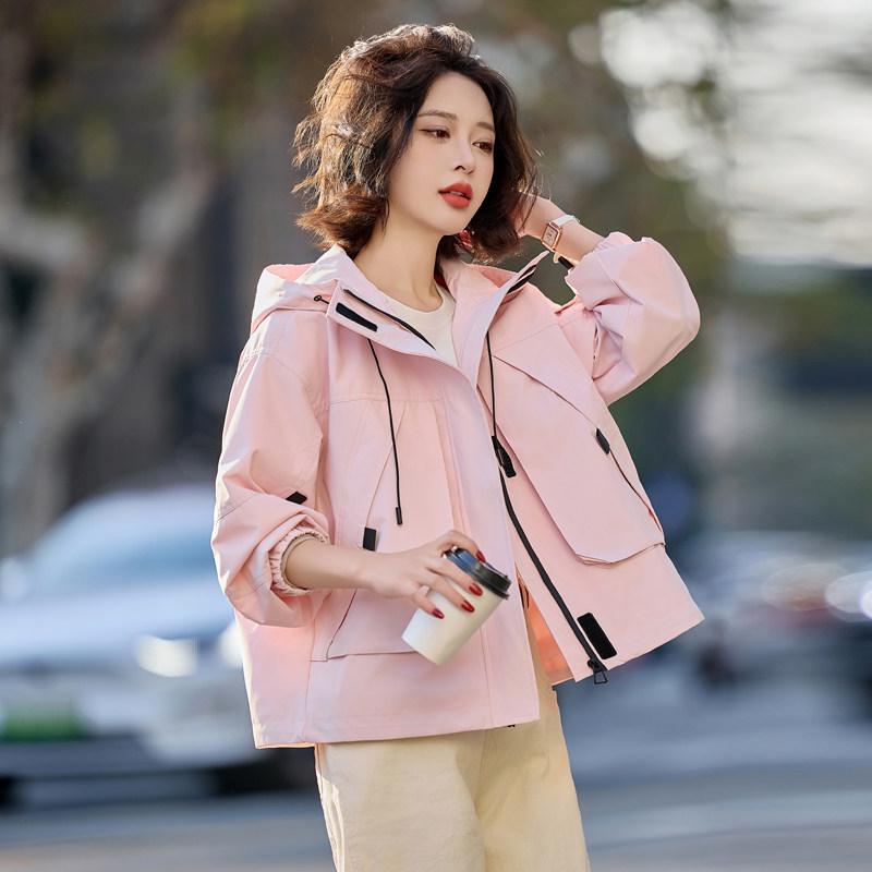 短款外套女2025春秋季新款小个子独特超好看休闲百搭连帽工装夹克,女装短外套,唯婧