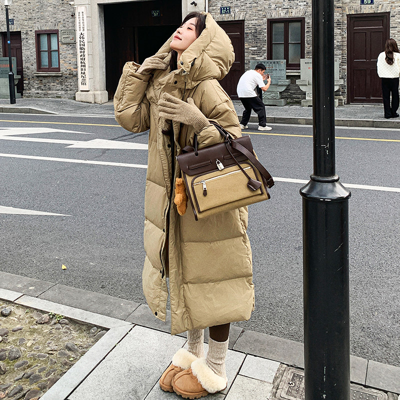 ！！白鸭绒连帽卡其色长款羽绒服 2C036-M208-P270-K418图片