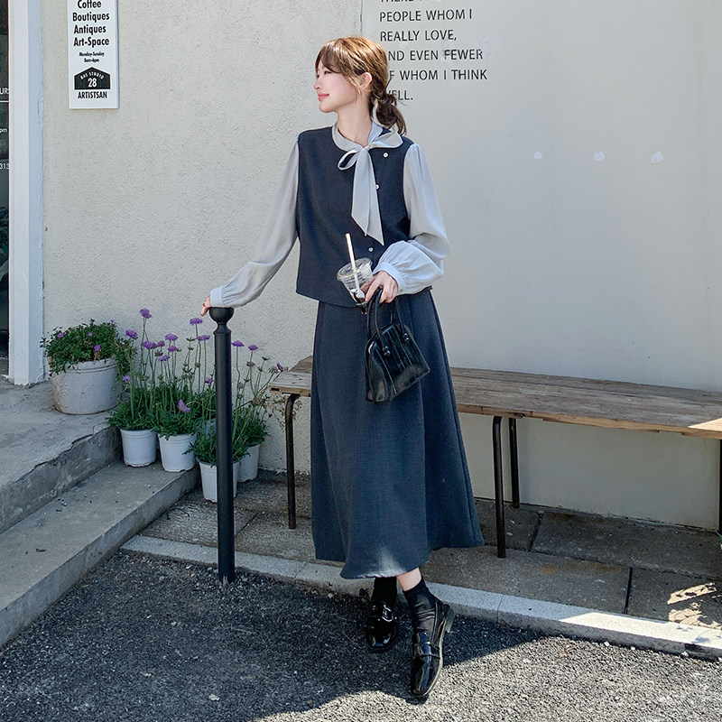 轻熟风韩系假两件拼接上衣女春季新款小个子气质显瘦半身裙两件套,女装套装/套裙,2C203