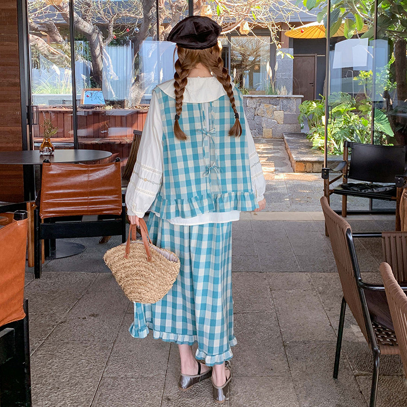 文艺小清新格子套装裙女2025秋季新款甜美减龄学院风半身裙两件套,女装套装/套裙,2C291