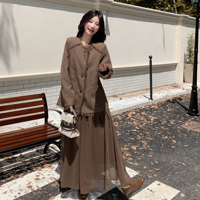 法式复古小香风外套吊带连衣裙两件套女2025秋季新款优雅气质拼接图片