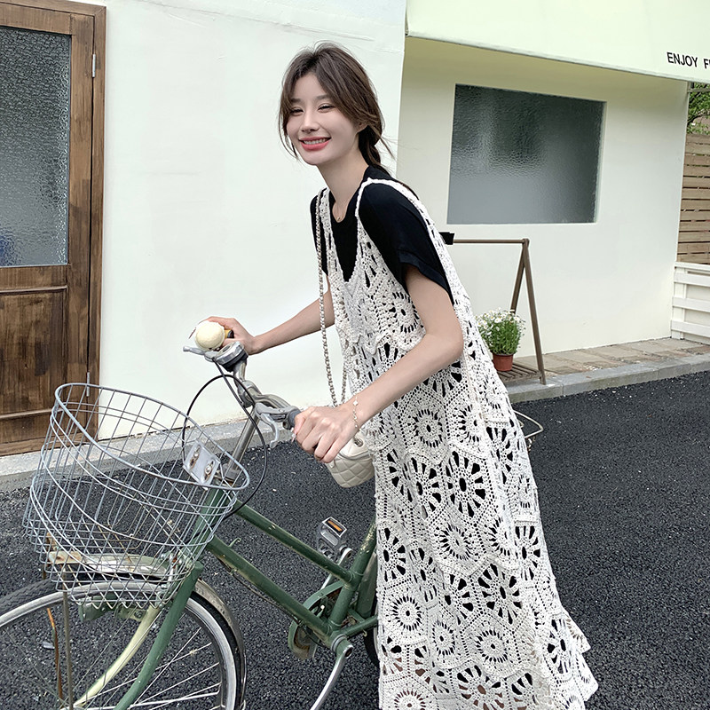 夏季搭配一整套黑色T恤裙女2025新款设计感镂空针织吊带裙,女装连衣裙,2C098