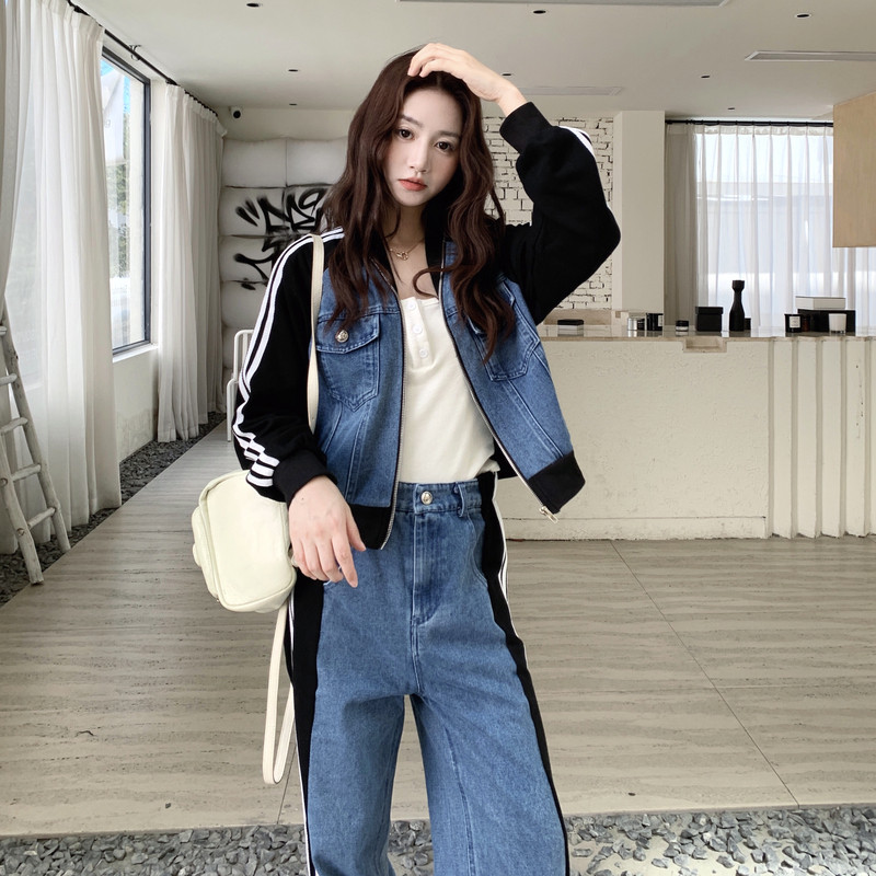 2025春秋季新款韩版拼接牛仔上衣阔腿裤两件套女复古休闲显瘦套装,女装套装/套裙,2D148