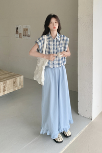 韩系甜美学院风蕾丝花边格子衬衣套装女夏季2025新款阔腿裤两件套图片