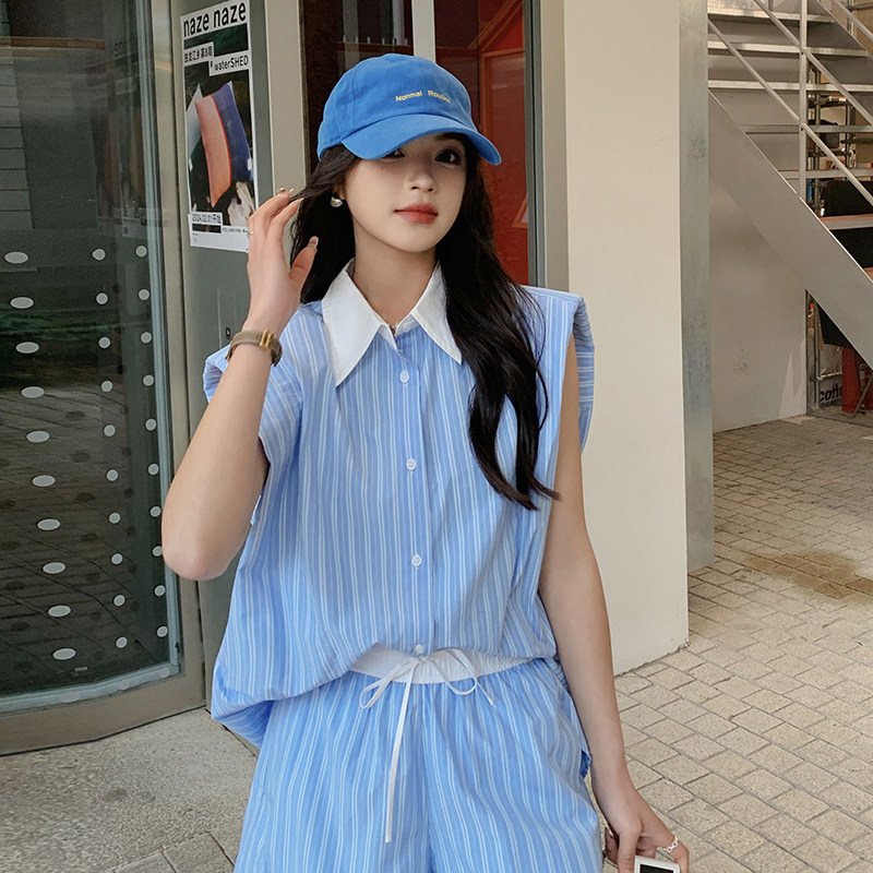 条纹休闲时尚套装女夏季2025新款无袖衬衫上衣高腰短裤减龄两件套,女装套装/套裙,2C112