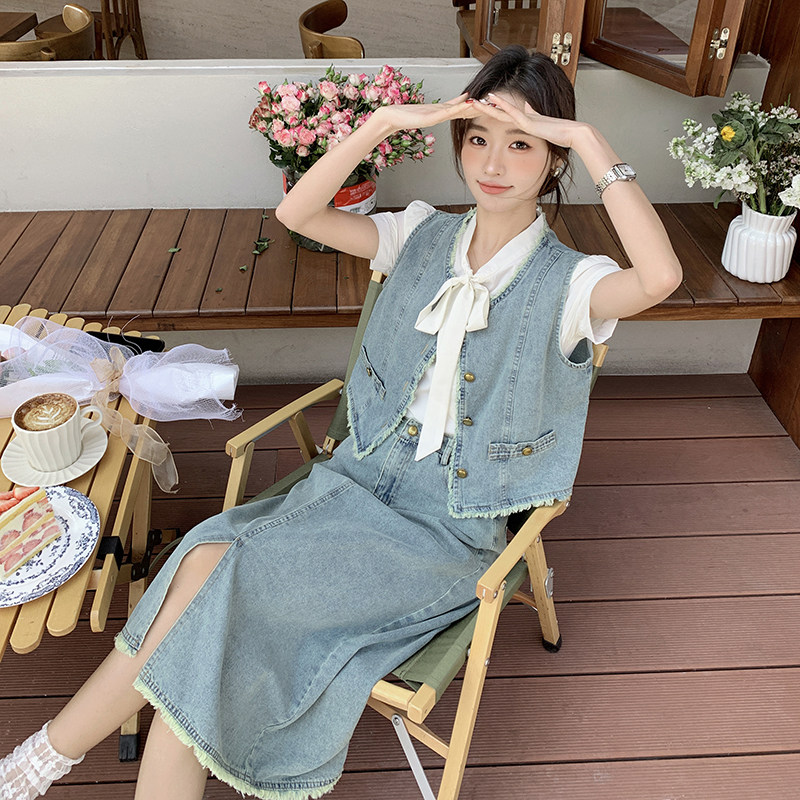 复古时尚牛仔套装裙女2024新款春夏洋气牛仔马甲衬衣半身裙三件套,女装套装/套裙,2C057