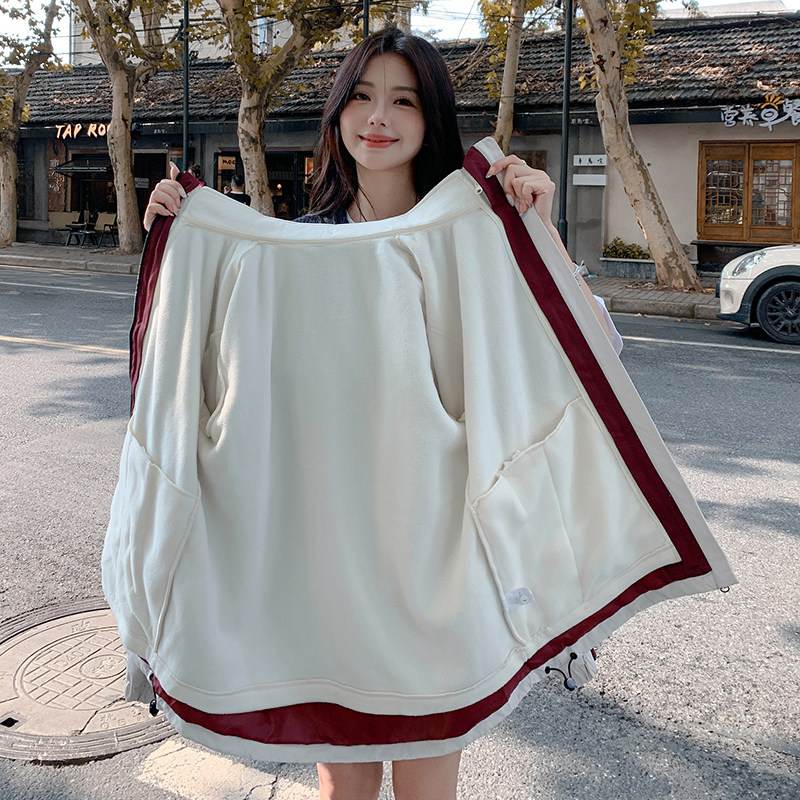 安哥拉红拼色工装冲锋衣连帽加绒外套2025冬2C057-9922-P195-K298,女装派克服,2C057