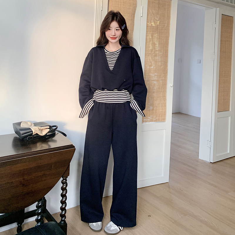 条纹拼接休闲运动卫衣阔腿裤套装女春秋大方得体两件套爆款高级感,女装套装/套裙,2C203