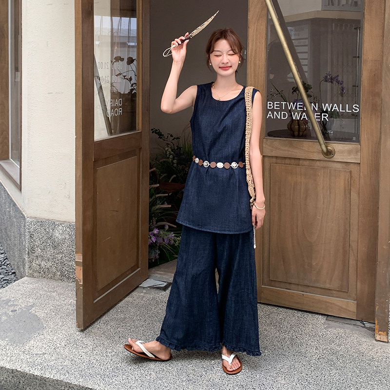【新品】韩版简约风气质牛仔阔腿裤套装2C030-9037-P175-K258,女装套装/套裙,2C030