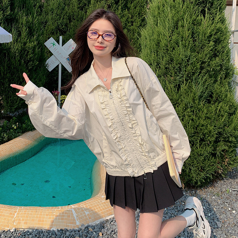 卡其色木耳边立领短款外套女秋季2025新款复古小个子休闲减龄夹克,女装短外套,2C159