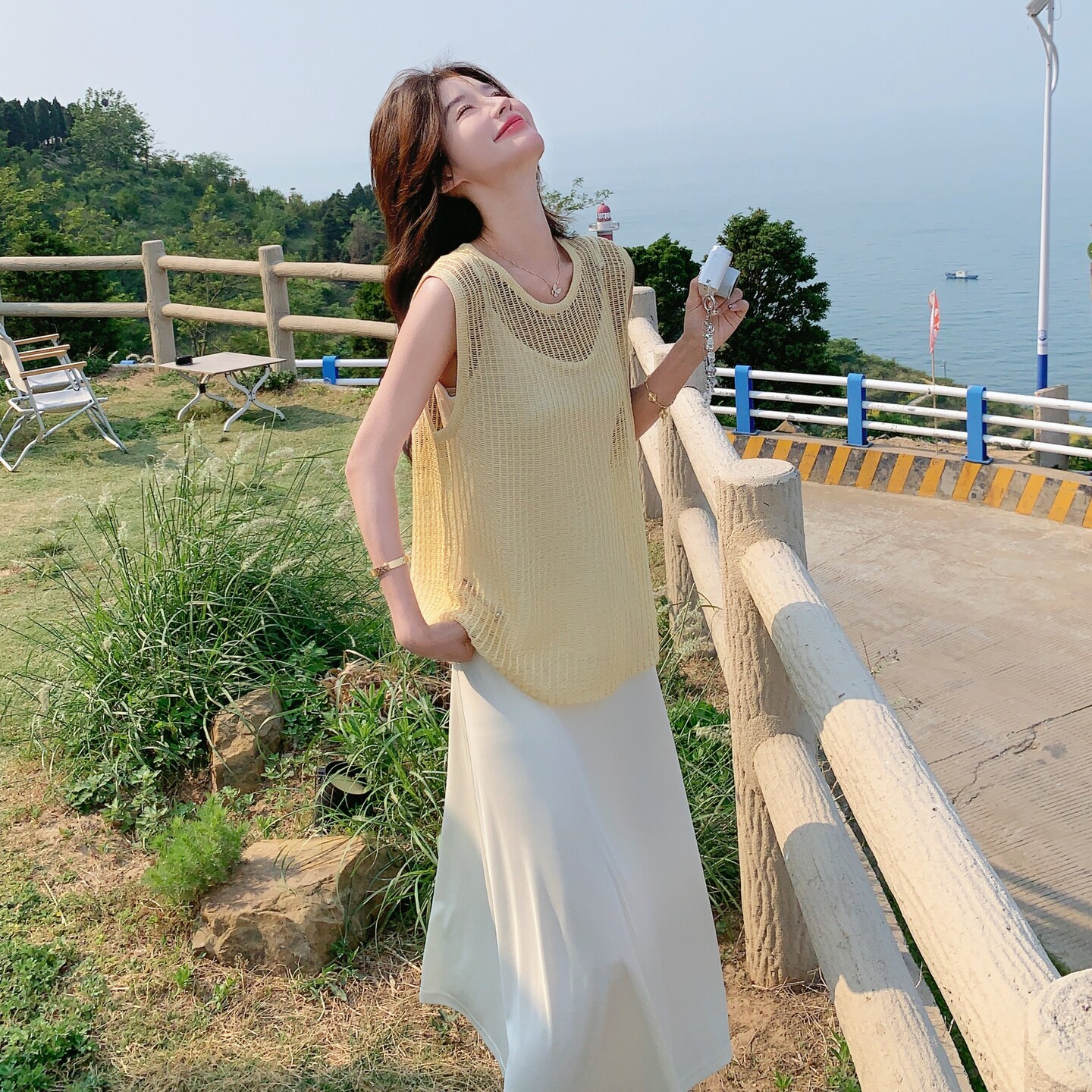 2025夏季新款韩系网状圆领无袖镂空针织上衣+吊带背心两件套女,女装套装/套裙,2C166