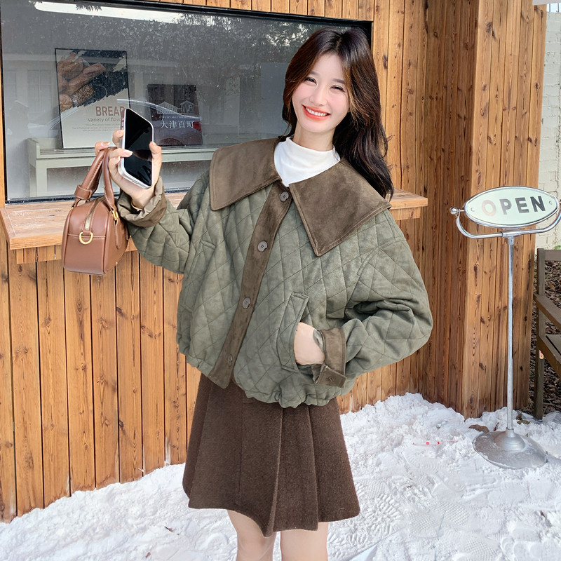 撞色拼接娃娃领麂皮绒夹棉外套女秋冬2025新款设计感减龄棉服图片