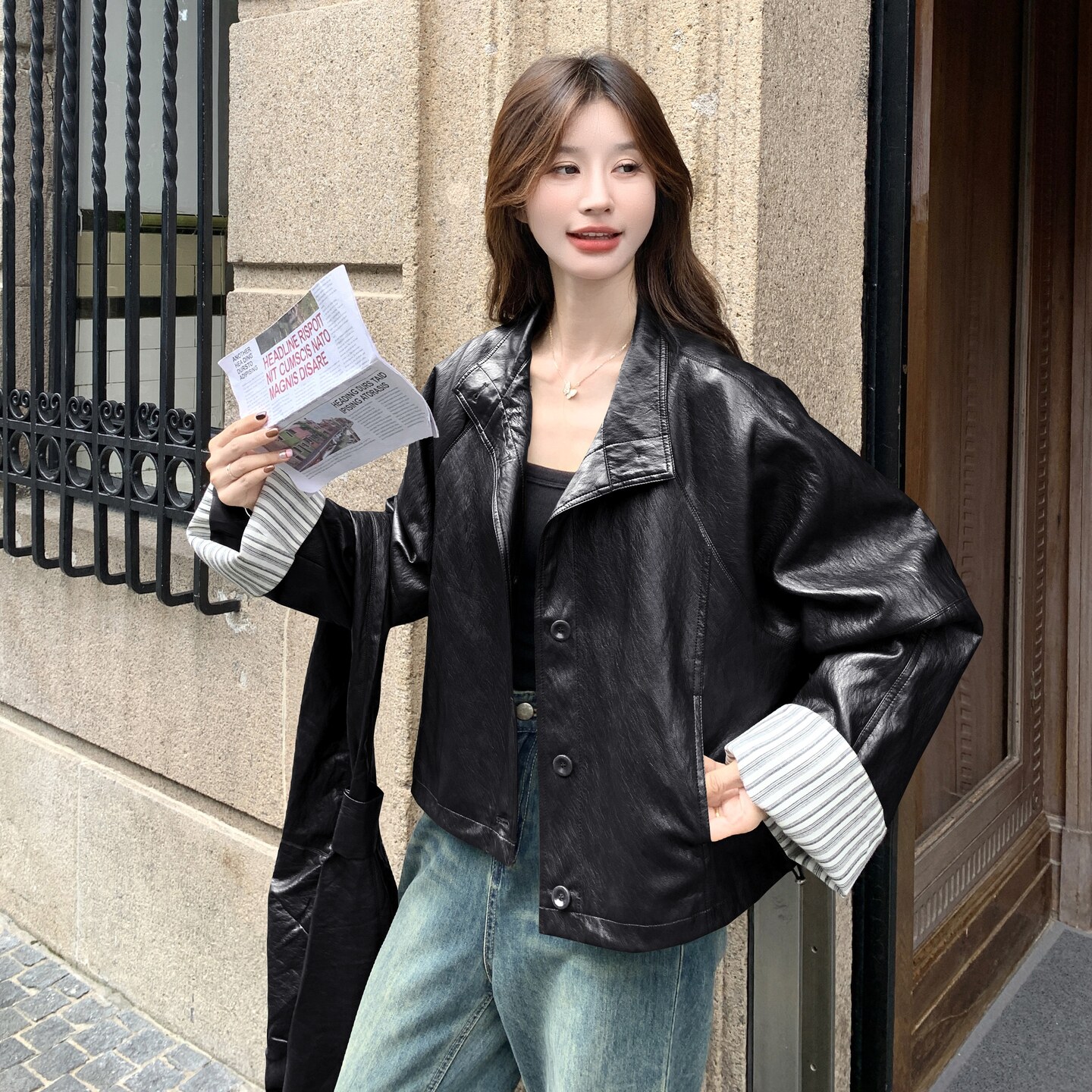 甜酷风复古咖色短款皮衣外套女春秋2025新款小个子PU夹克超火显瘦,女装皮衣,2C135