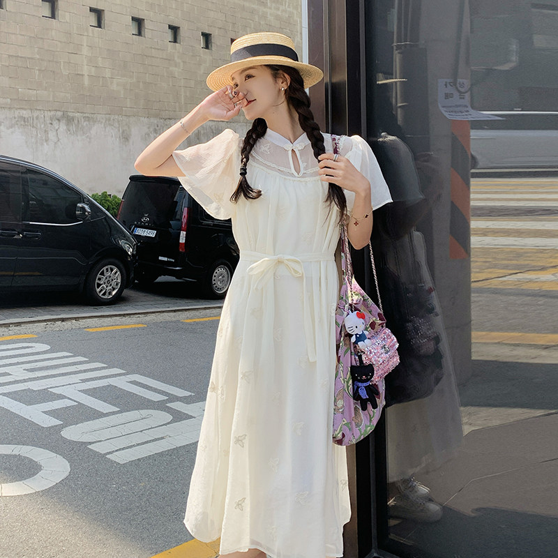 白色新中式网纱刺绣连衣裙女2025夏季新款温柔风宽松遮肉仙女长裙,女装连衣裙,2C088