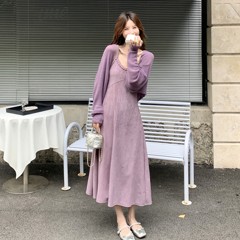 紫色法式气质御姐范吊带连衣裙套装女2026秋季新款针织开衫两件套,女装套装/套裙,2C159