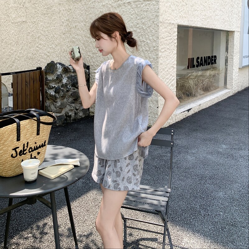 灰色气质巨好看无袖上衣套装女夏季2025新款小个子印花短裤两件套,女装套装/套裙,2C159